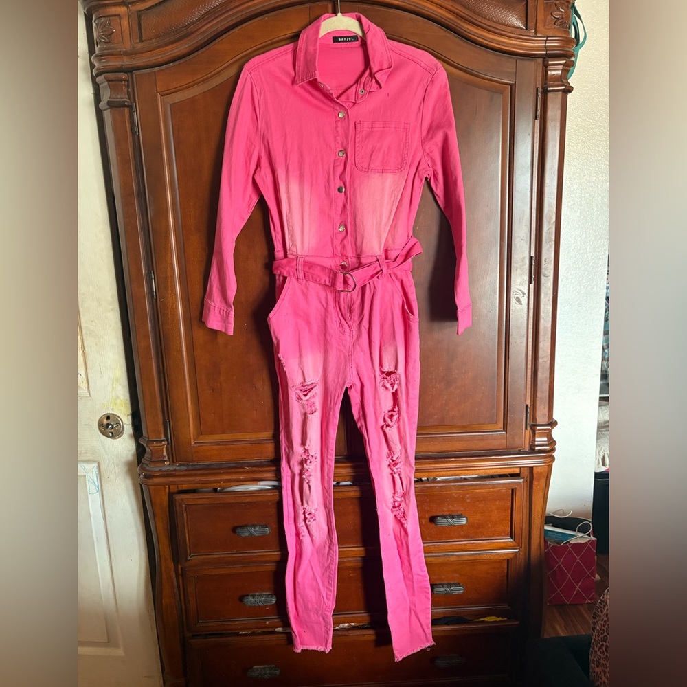 Fashion Nova Vibrant Pink Distressed Jumpsuit
